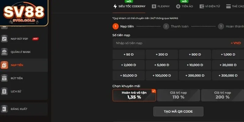 Nạp tiền tài khoản SV88
